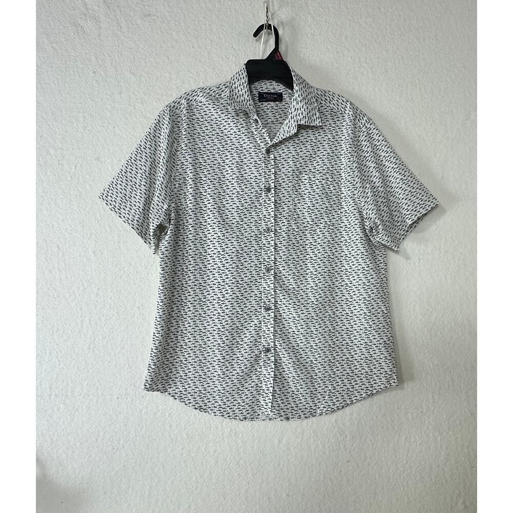Visitor Men's Button Down 4-Way Swimming Shark Print Stretch SZ L Casual